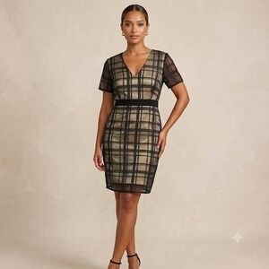 FEHAUTE Women Black Champagne Plaid Sheer Overlay V-Neck Sheath Dress NWT